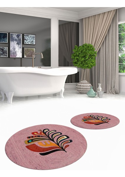 Dijital Baskılı Yıkanabilir Renkli Yaprak Desen Ikili Banyo Halısı Yuvarlak, Klozet-27-Pembe, modelleri