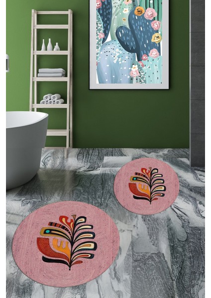 Dijital Baskılı Yıkanabilir Renkli Yaprak Desen Ikili Banyo Halısı Yuvarlak, Klozet-27-Pembe, fırsatları