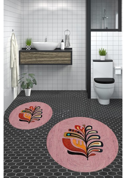 Dijital Baskılı Yıkanabilir Renkli Yaprak Desen Ikili Banyo Halısı Yuvarlak, Klozet-27-Pembe, indirimleri