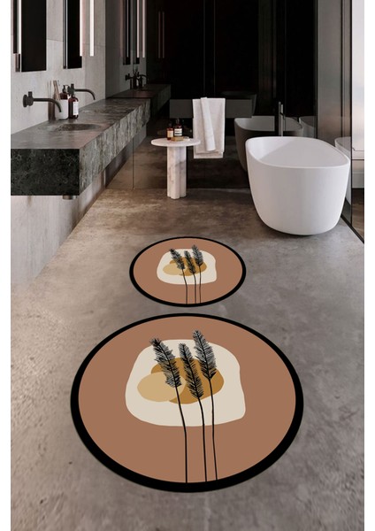 Dijital Baskılı Yıkanabilir Renkli Çiçekli Ikili Banyo Halısı Paspas Yuvarlak, Klozet-28-Kahve,