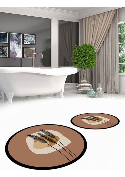 Dijital Baskılı Yıkanabilir Renkli Çiçekli Ikili Banyo Halısı Paspas Yuvarlak, Klozet-28-Kahve, modelleri