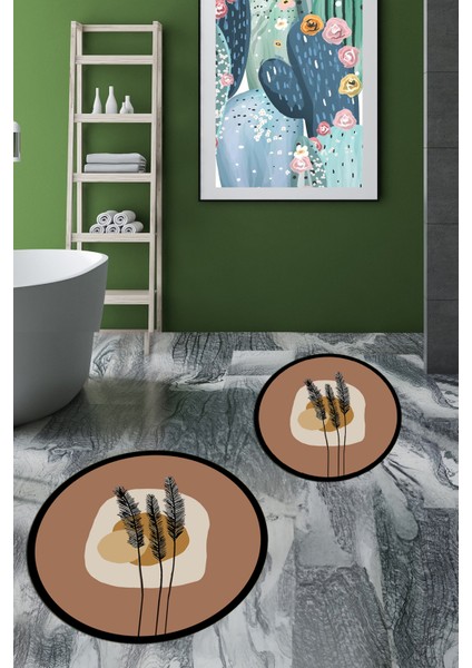 Dijital Baskılı Yıkanabilir Renkli Çiçekli Ikili Banyo Halısı Paspas Yuvarlak, Klozet-28-Kahve, fırsatları