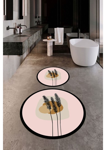 Dijital Baskılı Yıkanabilir Renkli Çiçekli Ikili Banyo Halısı Paspas Yuvarlak, Klozet-28-Pembe,