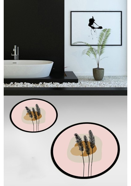 Dijital Baskılı Yıkanabilir Renkli Çiçekli Ikili Banyo Halısı Paspas Yuvarlak, Klozet-28-Pembe,