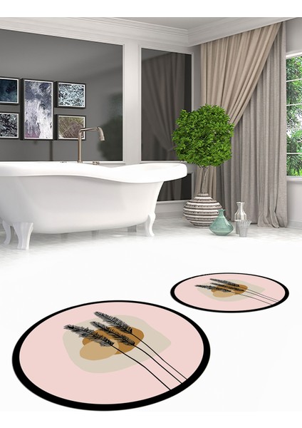 Dijital Baskılı Yıkanabilir Renkli Çiçekli Ikili Banyo Halısı Paspas Yuvarlak, Klozet-28-Pembe,