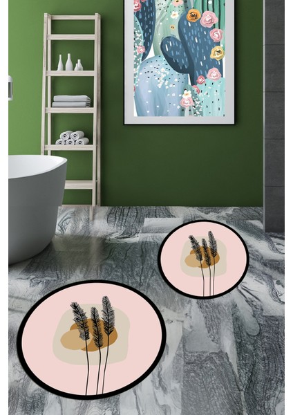Dijital Baskılı Yıkanabilir Renkli Çiçekli Ikili Banyo Halısı Paspas Yuvarlak, Klozet-28-Pembe,