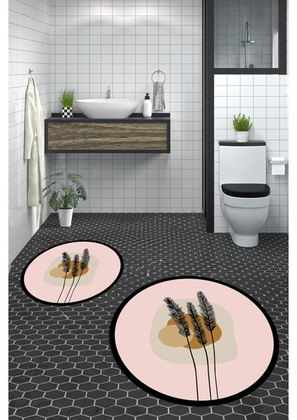 Dijital Baskılı Yıkanabilir Renkli Çiçekli Ikili Banyo Halısı Paspas Yuvarlak, Klozet-28-Pembe,