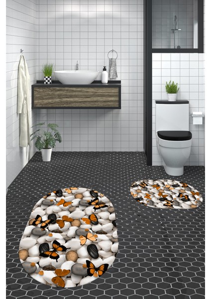 3d Dijital Baskılı Yıkanabilir Kelebek Desenli Ikili Banyo Halısı Paspas Oval, Klozet-44-Kahve,