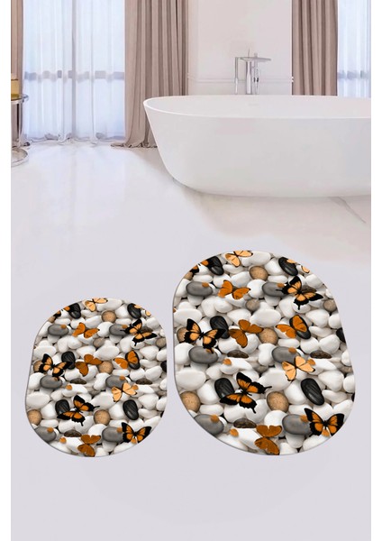 3d Dijital Baskılı Yıkanabilir Kelebek Desenli Ikili Banyo Halısı Paspas Oval, Klozet-44-Kahve, fırsatları