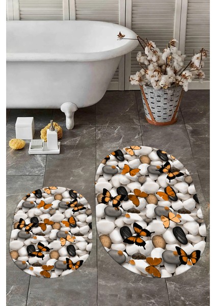 3d Dijital Baskılı Yıkanabilir Kelebek Desenli Ikili Banyo Halısı Paspas Oval, Klozet-44-Kahve, indirimleri