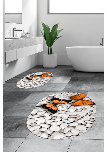 3d Kelebek Desenli Yıkanabilir Kolay Silinir Ikili Banyo Halısı Paspas Oval, Klozet-45-Kahve,