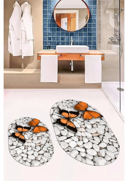 3d Kelebek Desenli Yıkanabilir Kolay Silinir Ikili Banyo Halısı Paspas Oval, Klozet-45-Kahve, fiyatları