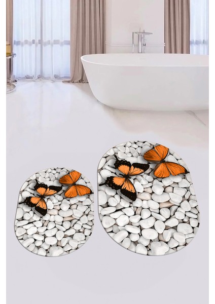 3d Kelebek Desenli Yıkanabilir Kolay Silinir Ikili Banyo Halısı Paspas Oval, Klozet-45-Kahve, modelleri