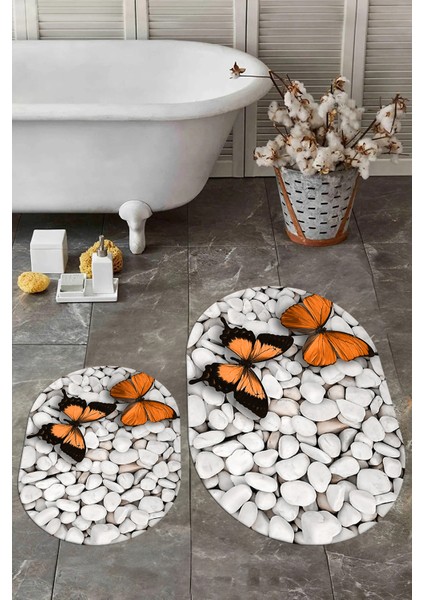 3d Kelebek Desenli Yıkanabilir Kolay Silinir Ikili Banyo Halısı Paspas Oval, Klozet-45-Kahve, fırsatları