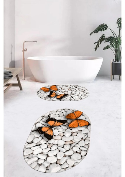 3d Kelebek Desenli Yıkanabilir Kolay Silinir Ikili Banyo Halısı Paspas Oval, Klozet-45-Kahve, indirimleri