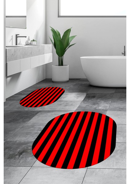 Dijital Baskılı Yıkanabilir Çizgili Modern Ikili Banyo Halısı Paspas Oval, Klozet-50-Kırmızı,