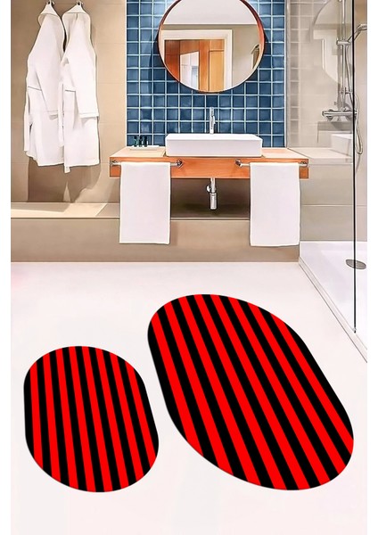 Dijital Baskılı Yıkanabilir Çizgili Modern Ikili Banyo Halısı Paspas Oval, Klozet-50-Kırmızı, fiyatları