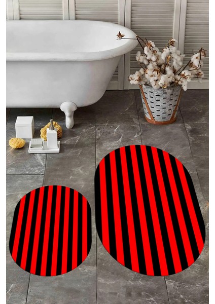 Dijital Baskılı Yıkanabilir Çizgili Modern Ikili Banyo Halısı Paspas Oval, Klozet-50-Kırmızı, fırsatları