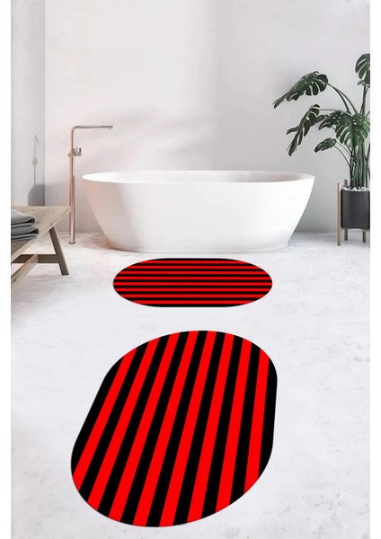 Dijital Baskılı Yıkanabilir Çizgili Modern Ikili Banyo Halısı Paspas Oval, Klozet-50-Kırmızı, indirimleri