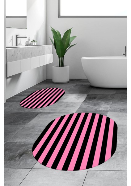 Dijital Baskılı Yıkanabilir Çizgili Modern Ikili Banyo Halısı Paspas Oval, Klozet-50-Pembe,