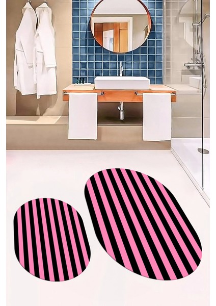 Dijital Baskılı Yıkanabilir Çizgili Modern Ikili Banyo Halısı Paspas Oval, Klozet-50-Pembe, fiyatları