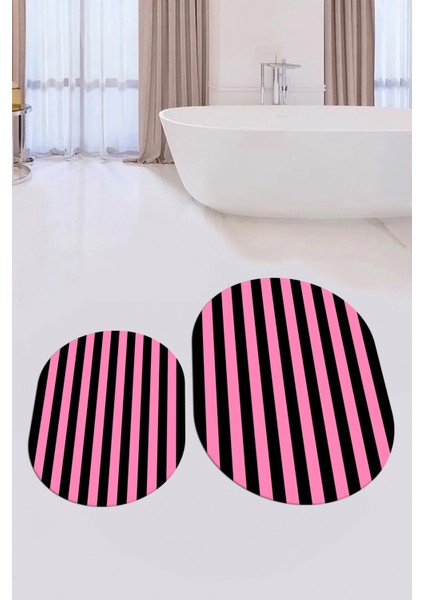 Dijital Baskılı Yıkanabilir Çizgili Modern Ikili Banyo Halısı Paspas Oval, Klozet-50-Pembe, modelleri
