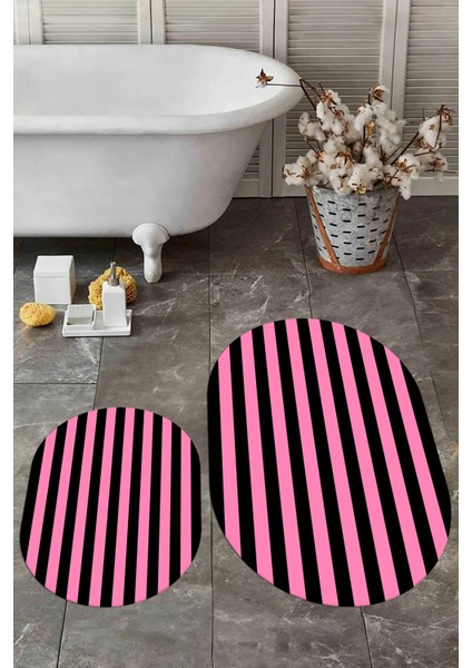 Dijital Baskılı Yıkanabilir Çizgili Modern Ikili Banyo Halısı Paspas Oval, Klozet-50-Pembe, fırsatları