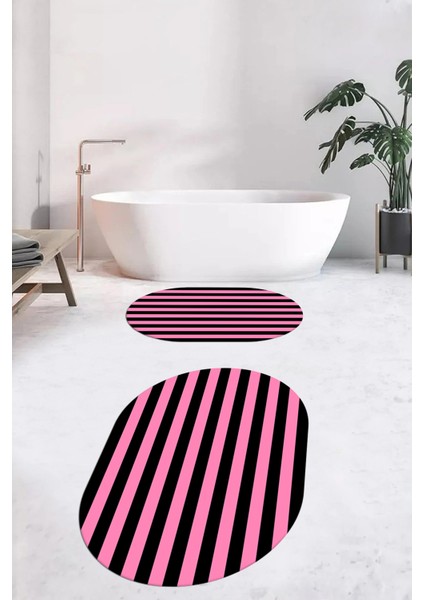 Dijital Baskılı Yıkanabilir Çizgili Modern Ikili Banyo Halısı Paspas Oval, Klozet-50-Pembe, indirimleri