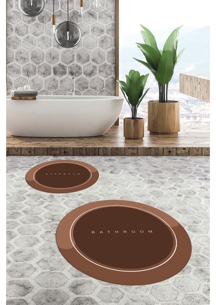 Dijital Baskılı Yıkanabilir Bathroom Yazılı Yuvarlak Banyo Paspası, Klozet-01-Kahve, fiyatları