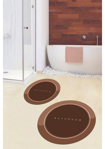 Dijital Baskılı Yıkanabilir Bathroom Yazılı Yuvarlak Banyo Paspası, Klozet-01-Kahve, modelleri