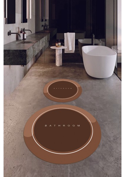 Dijital Baskılı Yıkanabilir Bathroom Yazılı Yuvarlak Banyo Paspası, Klozet-01-Kahve, indirimleri