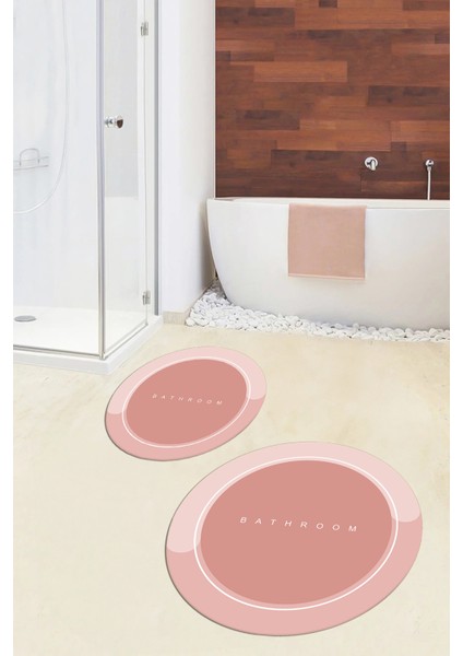 Dijital Baskılı Yıkanabilir Bathroom Yazılı Yuvarlak Banyo Paspası, Klozet-01-Pembe, modelleri