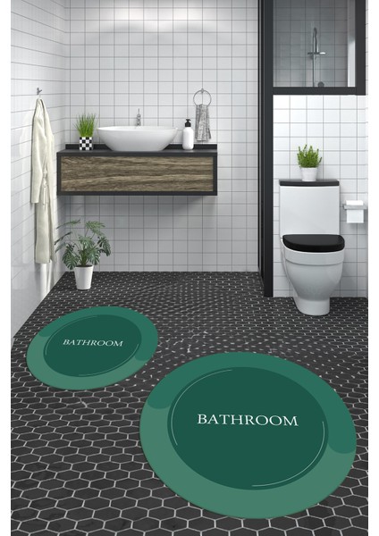 Dijital Baskılı Yıkanabilir Bathroom Yazılı Yuvarlak Banyo Paspası, Klozet-02-Yeşil,