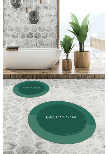 Dijital Baskılı Yıkanabilir Bathroom Yazılı Yuvarlak Banyo Paspası, Klozet-02-Yeşil, fiyatları