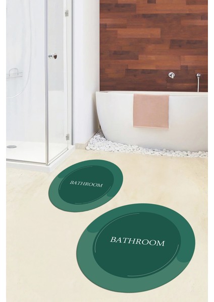 Dijital Baskılı Yıkanabilir Bathroom Yazılı Yuvarlak Banyo Paspası, Klozet-02-Yeşil, modelleri