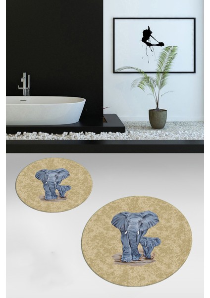 Dijital Baskılı Yıkanabilir Modern Fil Desenli Ikili Banyo Halısı Paspas Yuvarlak, Klozet-33-Kahve,