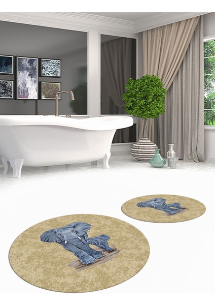 Dijital Baskılı Yıkanabilir Modern Fil Desenli Ikili Banyo Halısı Paspas Yuvarlak, Klozet-33-Kahve, fiyatları