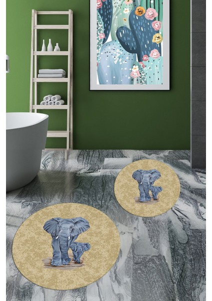 Dijital Baskılı Yıkanabilir Modern Fil Desenli Ikili Banyo Halısı Paspas Yuvarlak, Klozet-33-Kahve, modelleri