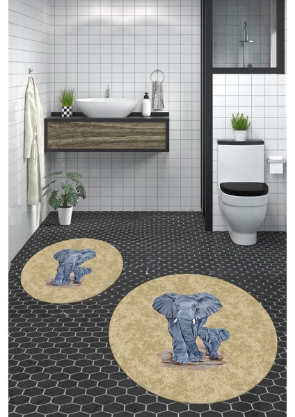 Dijital Baskılı Yıkanabilir Modern Fil Desenli Ikili Banyo Halısı Paspas Yuvarlak, Klozet-33-Kahve, fırsatları