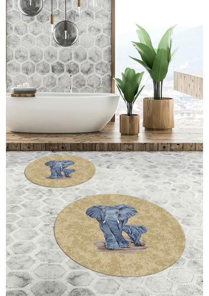 Dijital Baskılı Yıkanabilir Modern Fil Desenli Ikili Banyo Halısı Paspas Yuvarlak, Klozet-33-Kahve, indirimleri