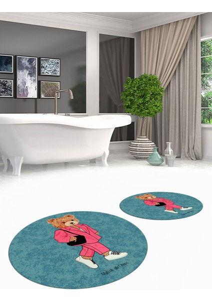 Dijital Baskılı Yıkanabilir Ayıcık Desenli Ikili Banyo Halısı Paspas Yuvarlak, Klozet-34-Mavi, fiyatları