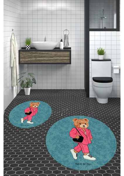 Dijital Baskılı Yıkanabilir Ayıcık Desenli Ikili Banyo Halısı Paspas Yuvarlak, Klozet-34-Mavi, fırsatları