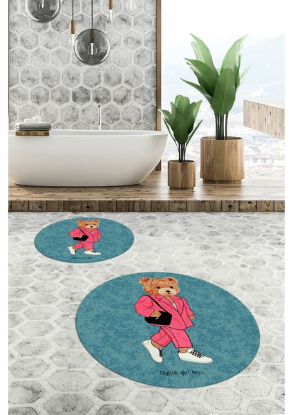 Dijital Baskılı Yıkanabilir Ayıcık Desenli Ikili Banyo Halısı Paspas Yuvarlak, Klozet-34-Mavi, indirimleri