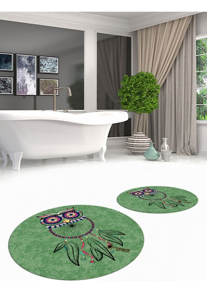 Dijital Baskılı Yıkanabilir Baykuş Desenli Ikili Banyo Halısı Paspas Yuvarlak, Klozet-35-Yeşil, fiyatları