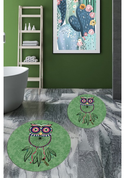 Dijital Baskılı Yıkanabilir Baykuş Desenli Ikili Banyo Halısı Paspas Yuvarlak, Klozet-35-Yeşil, modelleri
