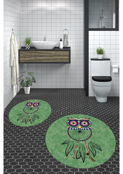 Dijital Baskılı Yıkanabilir Baykuş Desenli Ikili Banyo Halısı Paspas Yuvarlak, Klozet-35-Yeşil, fırsatları