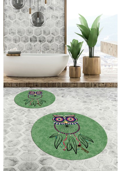 Dijital Baskılı Yıkanabilir Baykuş Desenli Ikili Banyo Halısı Paspas Yuvarlak, Klozet-35-Yeşil, indirimleri