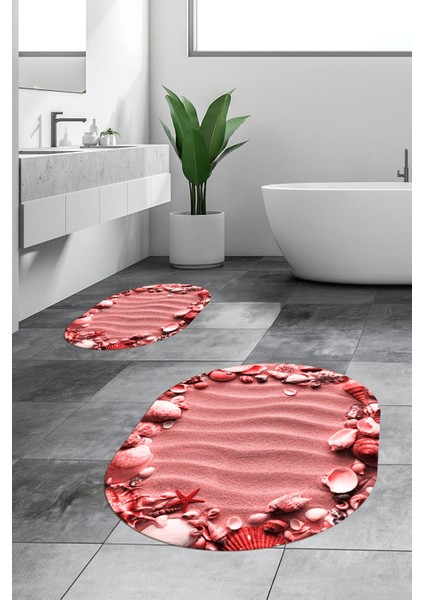3d Dijital Baskılı Yıkanabilir Modern Desenli Ikili Banyo Halısı Paspas Oval, Klozet-47-Kırmızı,