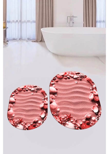 3d Dijital Baskılı Yıkanabilir Modern Desenli Ikili Banyo Halısı Paspas Oval, Klozet-47-Kırmızı, modelleri