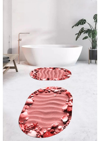 3d Dijital Baskılı Yıkanabilir Modern Desenli Ikili Banyo Halısı Paspas Oval, Klozet-47-Kırmızı, indirimleri
